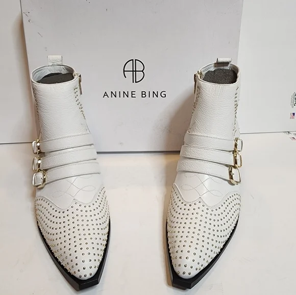 Anine Bing Penny Bootie White Leather Gold Studs. New with box. EU Size 41.